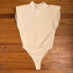 GoodTimeUSA Shoulder Pads Bodysuit Mock Neck Back Zip Cream Ivory Women L
